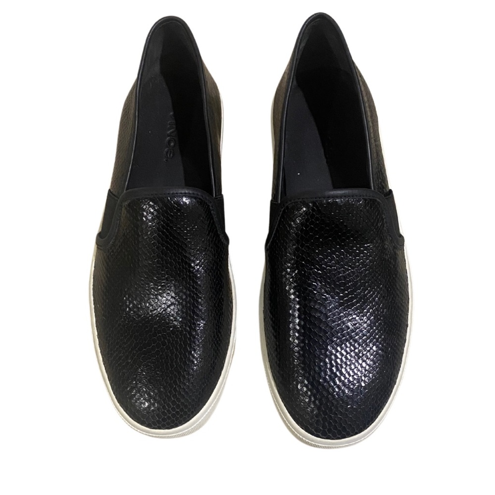 New Vince Black Leather Snake Slides, 5.5